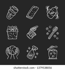 Zero waste swaps handmade chalk icons set. Eco friendly, organic, sustainable products. Recycling materials. Reusable coffee cup, eco shampoo, natural brush. Isolated vector chalkboard illustrations