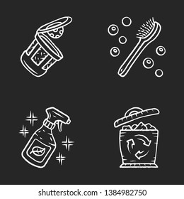 Zero waste swaps handmade chalk icons set. Eco friendly, sustainable products. Recycling materials. Cleaning products, reusable k-cup, natural bath brush. Isolated vector chalkboard illustrations