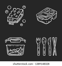 Zero waste swaps handmade chalk icons set. Eco friendly, organic, sustainable products. Recycling materials. Eco sponges, reusable lunch box, food containers. Isolated vector chalkboard illustrations