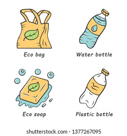 Zero waste swaps handmade color icons set. Eco friendly, organic, natural, sustainable products. Recycle, reusable materials. Plastic and water bottle, eco soap and bag. Isolated vector illustrations