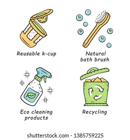 Zero waste swaps handmade color icons set. Eco friendly, organic, sustainable products. Recycling materials. Eco cleaning products, reusable k-cup, natural bath brush. Isolated vector illustrations