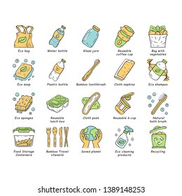 Zero waste swaps handmade color icons set. Organic, sustainable products. Reusable, recycle, environmentally friendly materials. Eco bag, soap, shampoo. Green concept. Isolated vector illustrations