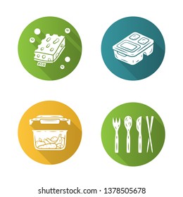 Zero waste swaps handmade flat design long shadow glyph icons set. Eco friendly, organic, sustainable, natural products. Eco sponges, reusable lunch box, food container. Vector silhouette illustration