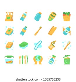 Zero waste swaps handmade flat design long shadow color icons set. Organic, sustainable products. Recycle, environmentally friendly materials. Eco bag. Green concept. Vector silhouette illustrations