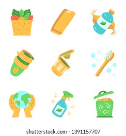 Zero waste swaps handmade flat design long shadow color icons set. Environmentally friendly, organic, sustainable products. Recycling materials. Reusable coffee cup. Vector silhouette illustrations