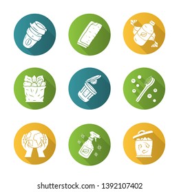 Zero waste swaps handmade flat design long shadow glyph icons set. Eco friendly, organic, sustainable products. Reusable coffee cup, eco shampoo, natural bath brush. Vector silhouette illustration