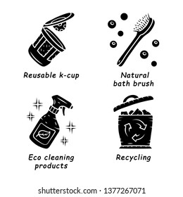 Zero waste swaps handmade glyph icons set. Eco friendly products, materials. Recycling. Eco cleaning products, reusable k-cup, natural bath brush. Silhouette symbols. Vector isolated illustration