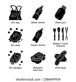 Zero waste swaps handmade glyph icons set. Eco friendly, recycle products, materials. Reusable lunch box, eco sponges, plastic bottle. Silhouette symbol. Negative space. Vector isolated illustration