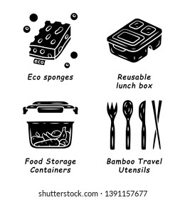 Zero waste swaps handmade glyph icons set. Eco friendly products, materials. Eco sponges, reusable lunch box, food storage containers, travel utensils. Silhouette symbols. Vector isolated illustration