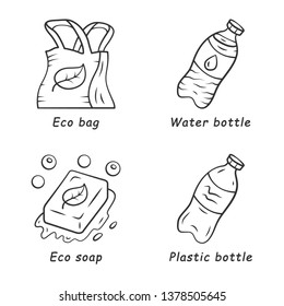 Zero waste swaps handmade linear icons set. Eco friendly, reusable materials. Plastic water bottle, eco soap, bag. Thin line contour symbols. Isolated vector outline illustrations. Editable stroke