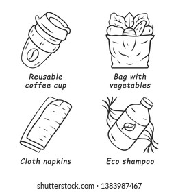 Zero waste swaps handmade linear icons set. Eco friendly materials. Reusable coffee cup, eco shampoo, cloth napkins. Thin line contour symbols. Isolated vector outline illustrations. Editable stroke