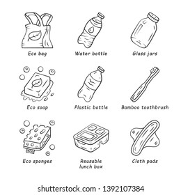 Zero waste swaps handmade linear icons set. Eco friendly products. Reusable lunch box, eco sponges, plastic bottle. Thin line contour symbols. Isolated vector outline illustrations. Editable stroke