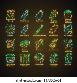 Zero waste swaps handmade neon light icons set. Organic, sustainable products. Reusable, environmentally friendly materials. Eco bag, soap, shampoo. Glowing signs. Vector isolated illustrations