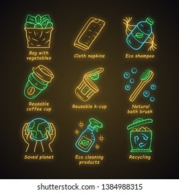 Zero waste swaps handmade neon light icons set. Eco friendly, sustainable products. Recycling materials. Reusable coffee cup, eco shampoo, natural brush. Glowing signs. Vector isolated illustrations