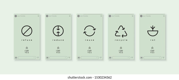 Zero waste symbols. Ecology vector web banner. Reuse Reduce Recycle Rot Refuse. Zero waste icons. Conscious consumption. Neo mint.