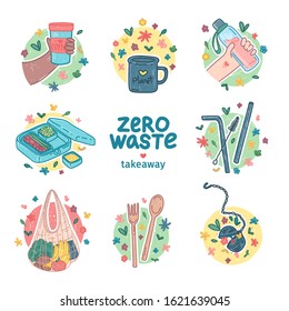 Zero waste takeaway kit design. Eco friendly icon set concept stickers with recyclable and reusable products for to go. Zero waste lifestyle elements. No plastic. Cartoon doodle style. Vector.