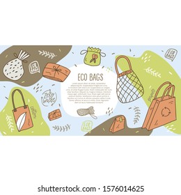 Zero waste. Template eco bags. Save the planet. No plastic. Hand-drawn doodle illustration.