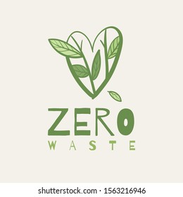 Zero waste  text with green eco leaves. Waste management concept isolated illustration on white background. Eco green illustration. Ecology concept.