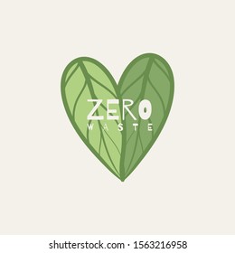Zero waste  text with green eco leaves. Waste management concept isolated illustration on white background. Eco green illustration. Ecology concept.
