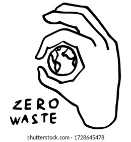 Zero waste text on white isolated backdrop. Outline hand holds Earth for invitation or gift card, social banner, eco blog, flyer. Phone case or cloth print. Doodle style stock vector illustration