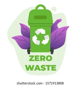 Zero waste text sticker over green trash can with recycling sign. Vector illustration