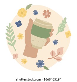  Cero desperdicio. Copa Thermo para café en la mano, en un fondo floral.Vamos verde. Dile no al plástico. Ilustración vectorial. 