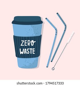 Zero waste. Thermo cup or reusable lidded cups for hot coffee or takeaway tea with metal straws and a cleaning brush. Hand-drawn style, flat design. Vector stock illustration. World environment day