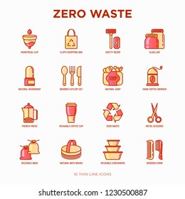 Zero waste thin line icons set: menstrual cup, safety razor, glass jar, natural deodorant, hand coffee grinder, french press, metal scissors, bath body brush, wooden comb. Modern vector illustration.
