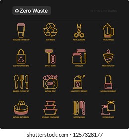 Zero waste thin line icons set: menstrual cup, safety razor, glass jar, natural deodorant, hand coffee grinder, french press, metal scissors, bath body brush, wooden comb. Modern vector illustration.