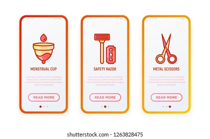 Zero waste thin line icons set: menstrual cup, safety razor, metal scissors. Modern vector illustration for user mobile interface.