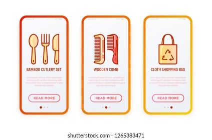 Zero waste thin line icons set: bamboo cutlery set, wooden comb, cloth shopping bag. Modern vector illustration for user mobile interface.