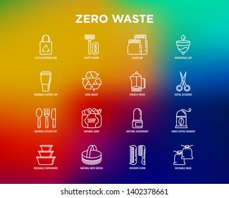 Zero waste thin line icons set: menstrual cup, safety razor, glass jar, natural deodorant, hand coffee grinder, french press, metal scissors, bath body brush, wooden comb. Modern vector illustration.