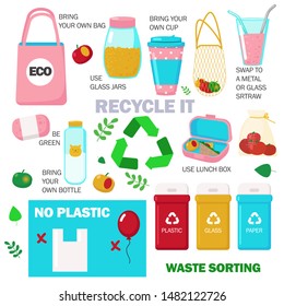 Zero waste tips and eco friendly reusable glass bottle, jar, cloth shopping bag, natural food, soap, vector flat illustration isolated on white background. Life without plastic, waste sorting concept.