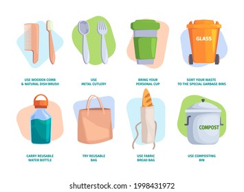 Zero waste tips. Eco friendly lifestyle plastic diapers recycle pollution sustainable environment garish vector illustrations set