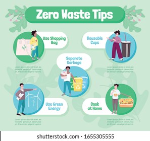 Zero waste tips flat color vector infographic template. Eco friendly, sustainable lifestyle. Poster, booklet, PPT page concept design with cartoon characters. Advertising flyer, leaflet, info banner