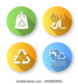 Zero waste tips flat design long shadow glyph icons set. Food waste recycling, compostable trash bag and water use reduction. Sustainable lifestyle rules. Silhouette RGB color illustrations