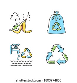 Zero waste tips RGB color icons set. Food waste recycling, compostable trash bag and water use reduction. Sustainable lifestyle rules. Isolated vector illustrations