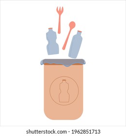 Basura cero, lata de basura con bolsa de plástico aislado fondo blanco. Reciclaje de basura, productos naturales, sin plástico. Diseño plano vectorial. Ilustración vectorial. Planeta verde y reciclaje de residuos.