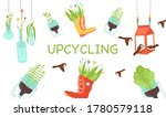 Zero waste, upcycling craft ideas, reuse of utilized. Green plants in pots from plastic bottles and boots, glass vase with flowers, carton bird feeder from milk or juice package. Vector illustration