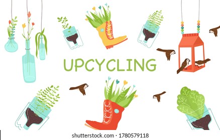 Zero waste, upcycling craft ideas, reuse of utilized. Green plants in pots from plastic bottles and boots, glass vase with flowers, carton bird feeder from milk or juice package. Vector illustration
