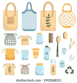 Zero waste. Various eco objects. Go green, eco style, no plastic, save the planet concept. Flat vector illustration on a white background.