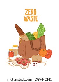 Zero waste vector cartoon illustration. Eco tote bag and different produce bags and jars with groceries. Plastic free eco friendly groceries concept.