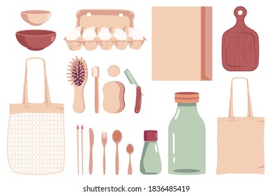 Zero waste vector cartoon set isolated on a white background.