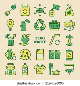 Zero waste vector colorful icon set on yellow background.