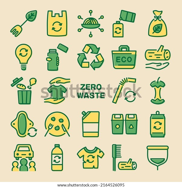 Zero\
waste vector colorful icon set on yellow\
background.