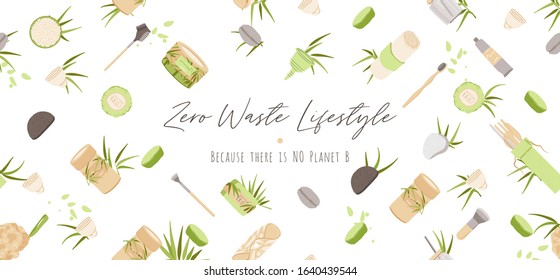 Zero Waste Vector Concept illustration in Minimalism Style, with Reusable and Recycle Zero Waste products - Beauty, Kitchen, personal care and hygiene for ecology friendly advertising