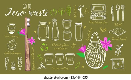 Zero waste vector hand drawn infographic set.Collection of eco and natural elements. Go green concept. Isolated objects