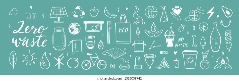 Zero waste vector hand drawn infographic set.Collection of eco and natural elements. Go green concept. Isolated objects
