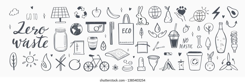 Zero waste vector hand drawn infographic set.Collection of eco and natural elements. Go green concept. Isolated objects