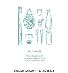 Zero waste vector hand drawn infographic  background.Collection of eco and natural elements. Go green concept. Isolated objects